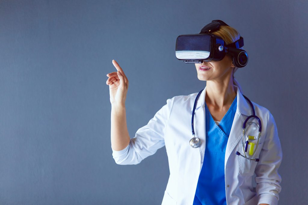 Female,Doctor,Wearing,Virtual,Reality,Glasses,Isolated,On,White,Background.